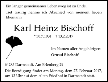 Traueranzeige von Karl Heinz Bischoff von Trauerportal Echo Online