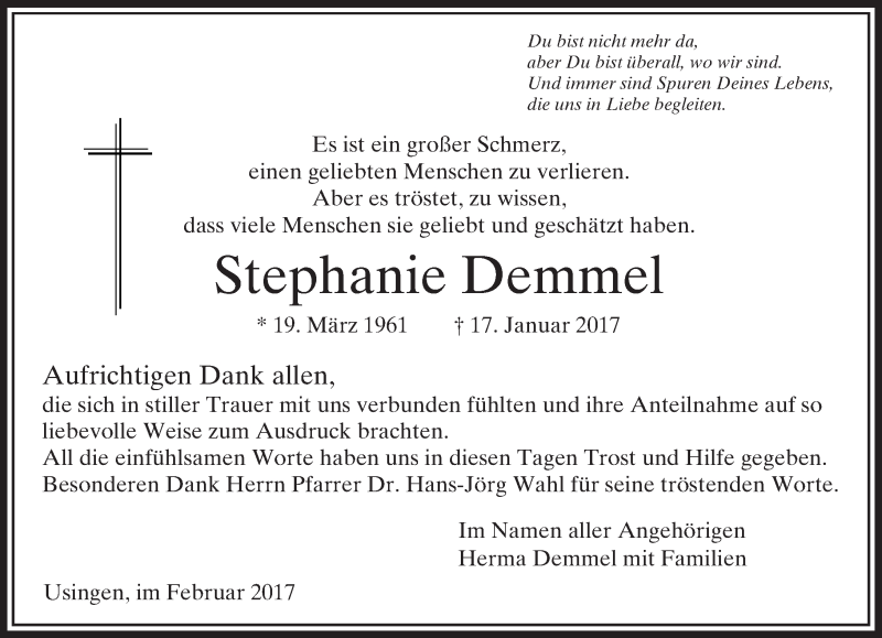 Traueranzeige für Stephanie Demmel vom 18.02.2017 aus  Usinger Anzeiger