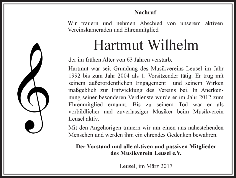  Traueranzeige für Hartmut Wilhelm vom 01.03.2017 aus VRM Trauer