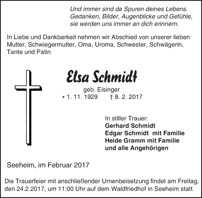  Traueranzeige für Elsa Schmidt vom 18.02.2017 aus Trauerportal Echo Online