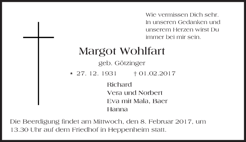  Traueranzeige für Margot Wohlfahrt vom 07.02.2017 aus Trauerportal Echo Online