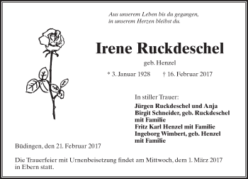 Traueranzeige von Irene Ruckdeschel von  Kreisanzeiger