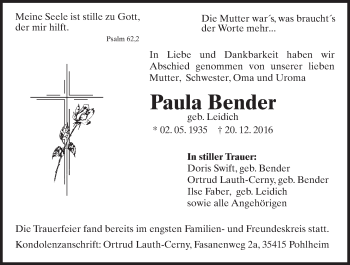 Traueranzeige von Paula Bender von  Gießener Anzeiger