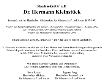 Traueranzeige von Hermann Kleinstück von Trauerportal Echo Online