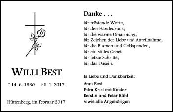 Traueranzeige von Willi Best von  Gießener Anzeiger