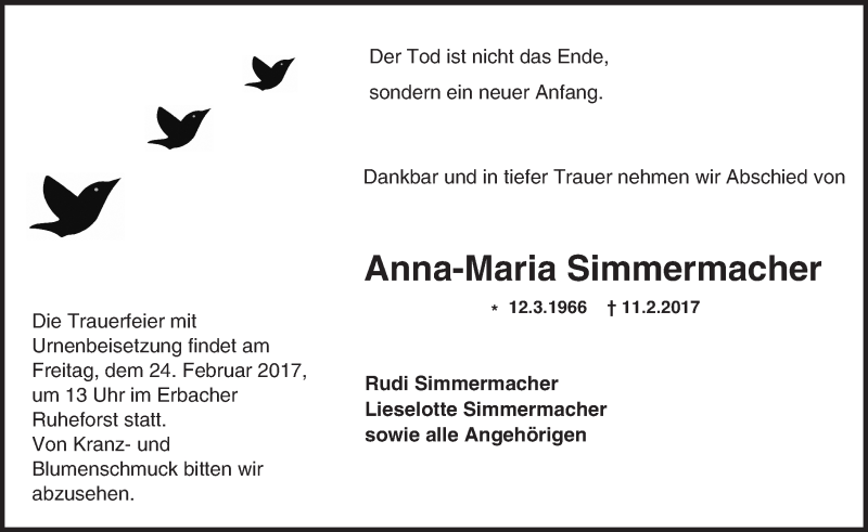  Traueranzeige für Anna-Maria Simmermacher vom 18.02.2017 aus Trauerportal Echo Online