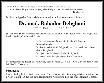 Traueranzeige von Bahador Dehghani von  Gießener Anzeiger