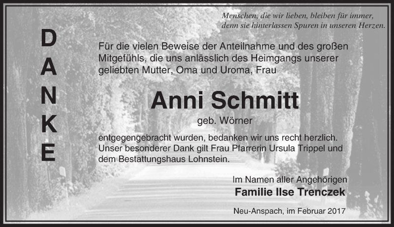  Traueranzeige für Anni Schmitt vom 18.02.2017 aus  Usinger Anzeiger
