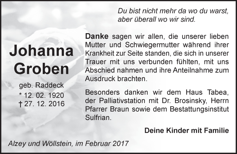  Traueranzeige für Johanna Groben vom 04.02.2017 aus Trauerportal Rhein Main Presse