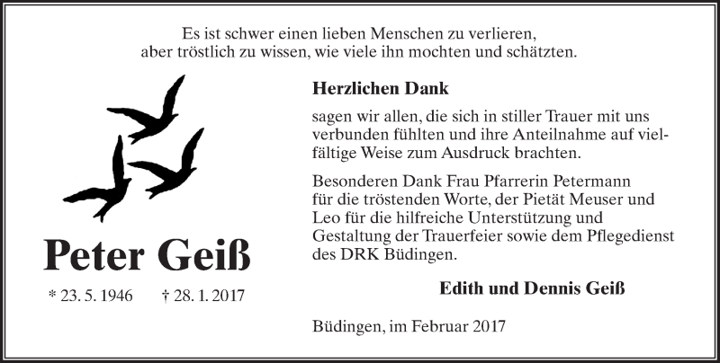  Traueranzeige für Peter Geiß vom 25.02.2017 aus  Kreisanzeiger