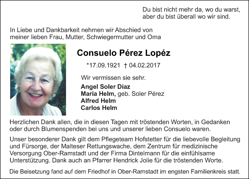  Traueranzeige für Consuelo  Perez Lopez vom 18.02.2017 aus Trauerportal Echo Online