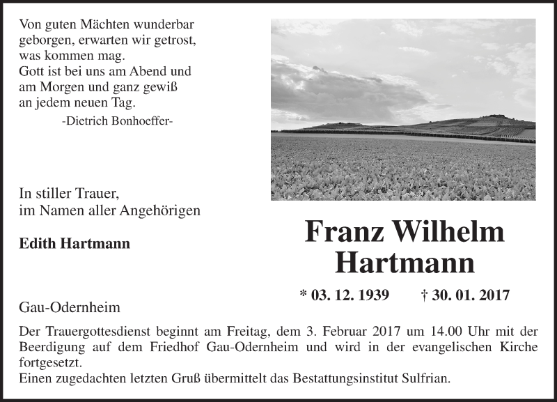  Traueranzeige für Franz Wilhelm Hartmann vom 02.02.2017 aus Trauerportal Rhein Main Presse