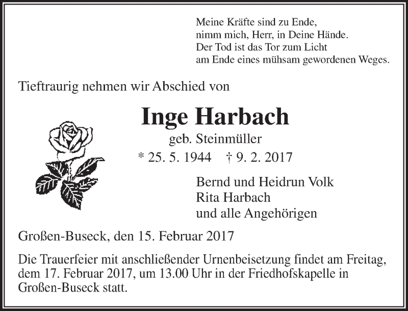  Traueranzeige für Inge Harbach vom 15.02.2017 aus  Gießener Anzeiger