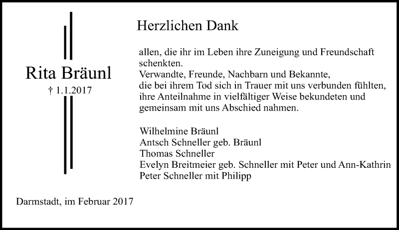  Traueranzeige für Rita Bräunl vom 18.02.2017 aus Trauerportal Echo Online