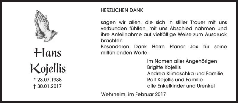  Traueranzeige für Hans Kojellis vom 25.02.2017 aus  Usinger Anzeiger