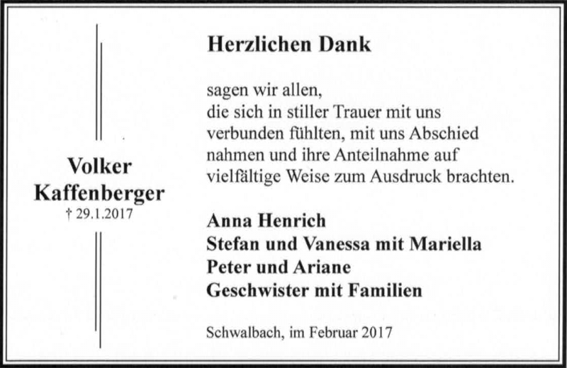  Traueranzeige für Volker Kaffenberger vom 18.02.2017 aus  Usinger Anzeiger