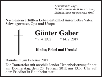 Traueranzeige von Günter Gaber von Trauerportal Rhein Main Presse
