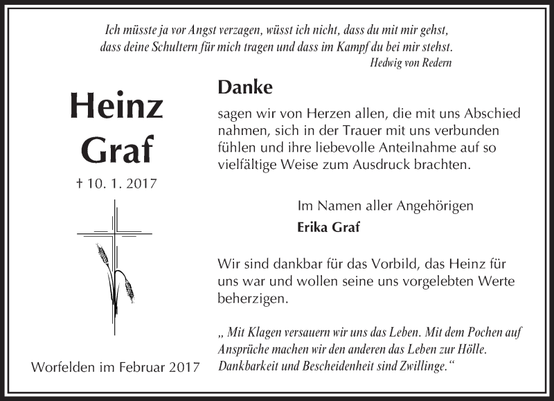  Traueranzeige für Heinz Graf vom 04.02.2017 aus Trauerportal Echo Online