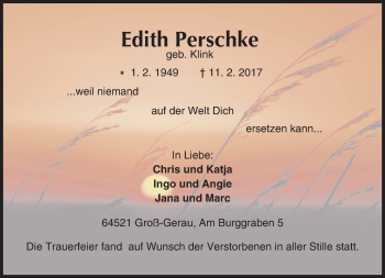 Traueranzeige von Edith Perschke von Trauerportal Echo Online