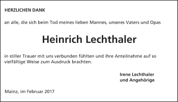 Traueranzeige von Heinrich Lechthaler von Trauerportal Rhein Main Presse