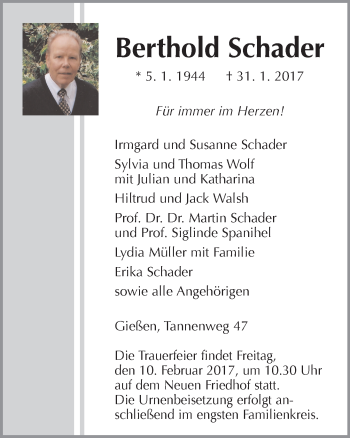 Traueranzeige von Berthold Schader von  Gießener Anzeiger
