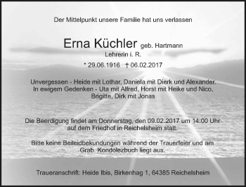 Traueranzeige von Erna Küchler von Trauerportal Echo Online