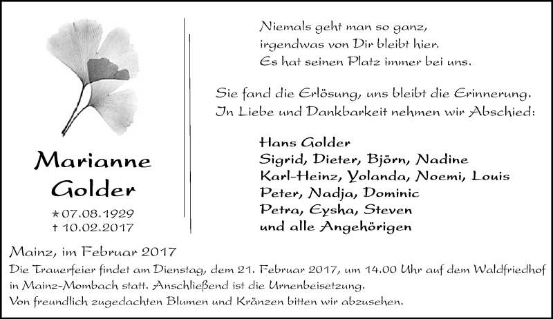  Traueranzeige für Marianne Golder vom 18.02.2017 aus Trauerportal Rhein Main Presse