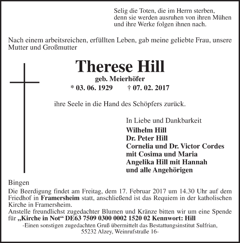  Traueranzeige für Therese Hill vom 11.02.2017 aus Trauerportal Rhein Main Presse