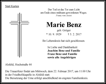 Traueranzeige von Marie Benz von VRM Trauer