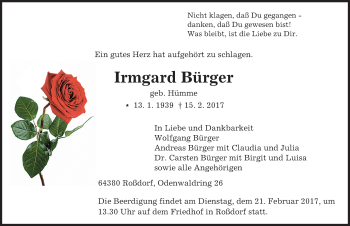 Traueranzeige von Irmgard Bürger von Trauerportal Echo Online