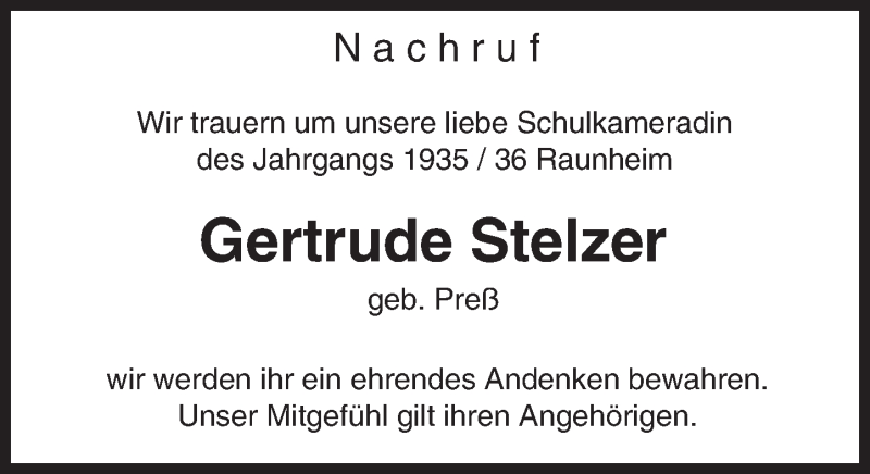  Traueranzeige für Gertrude Stelzer vom 14.02.2017 aus Trauerportal Rhein Main Presse