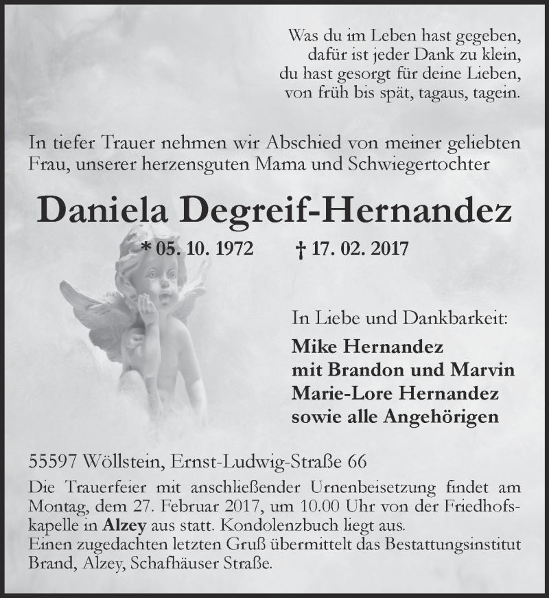  Traueranzeige für Daniela Degreif-Hernandez vom 23.02.2017 aus Trauerportal Rhein Main Presse