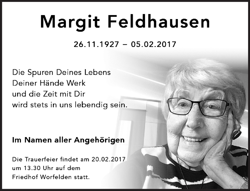  Traueranzeige für Margit Feldhausen vom 11.02.2017 aus Trauerportal Echo Online