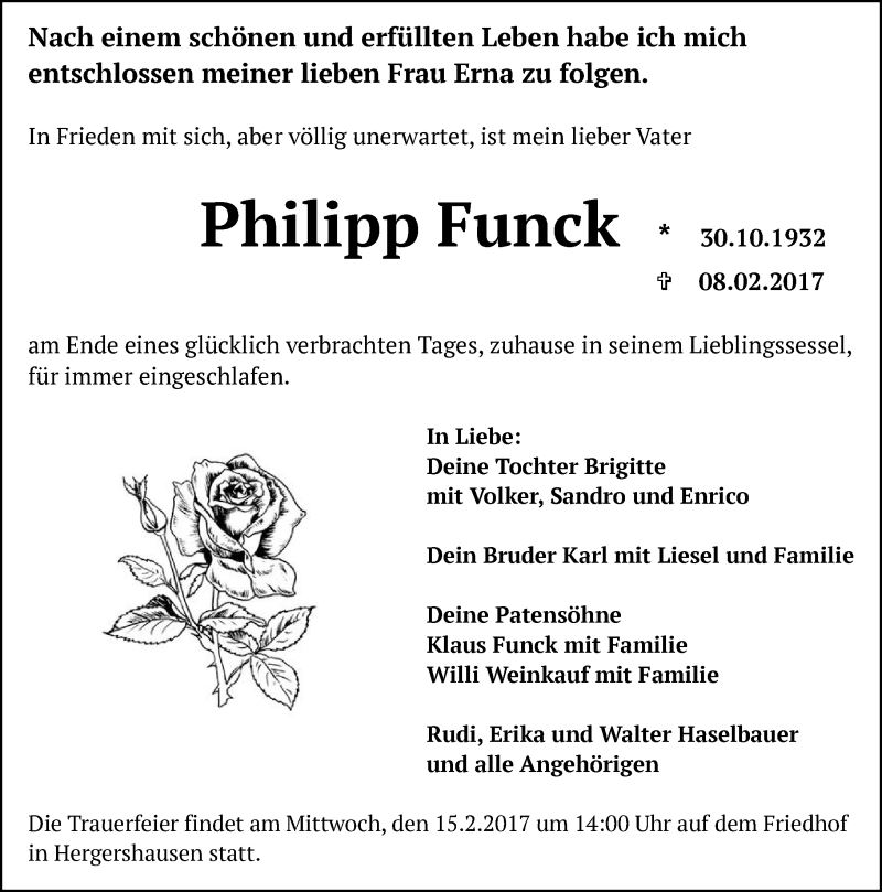  Traueranzeige für Philipp Funck vom 13.02.2017 aus Trauerportal Echo Online