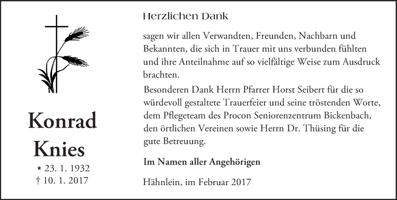  Traueranzeige für Konrad Knies vom 04.02.2017 aus Trauerportal Echo Online