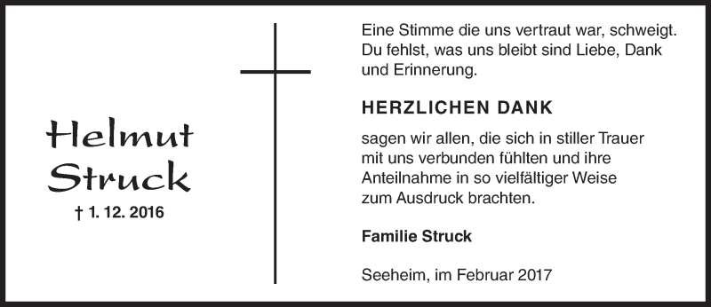  Traueranzeige für Helmut Struck vom 11.02.2017 aus Trauerportal Echo Online