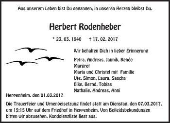 Traueranzeige von Herbert Rodenheber von Trauerportal Echo Online