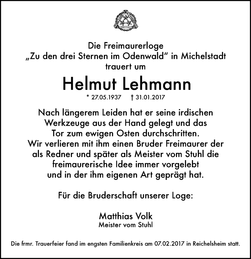  Traueranzeige für Helmut Lehmann vom 18.02.2017 aus Trauerportal Echo Online