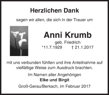 Traueranzeige von Anni Krumb von Trauerportal Echo Online