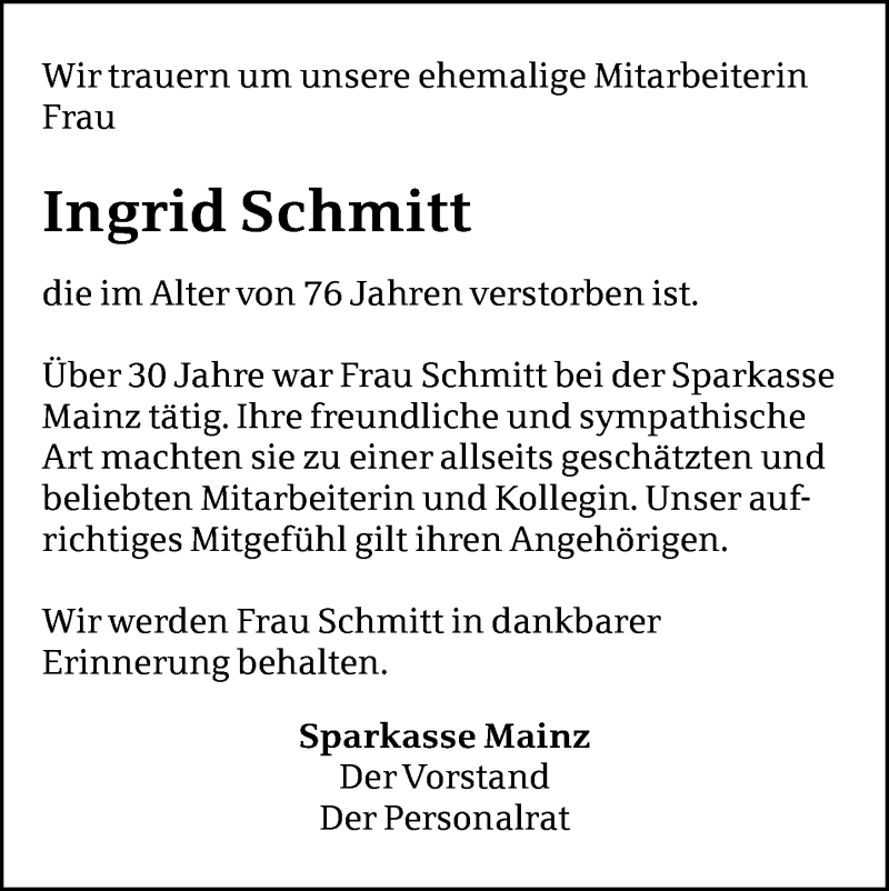  Traueranzeige für Ingrid Schmitt vom 17.02.2017 aus Trauerportal Rhein Main Presse