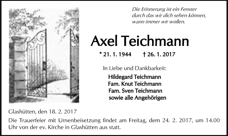  Traueranzeige für Axel Teichmann vom 18.02.2017 aus  Kreisanzeiger