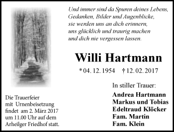 Traueranzeige von Willi Hartmann von Trauerportal Echo Online