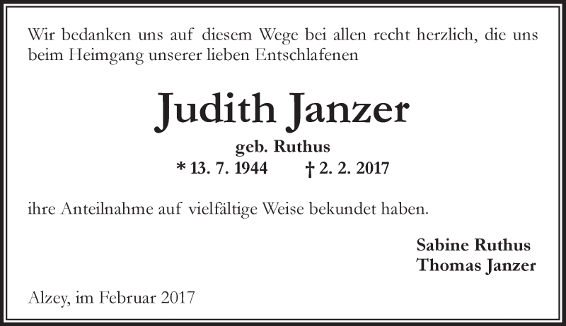  Traueranzeige für Judith Janzer vom 21.02.2017 aus Trauerportal Rhein Main Presse