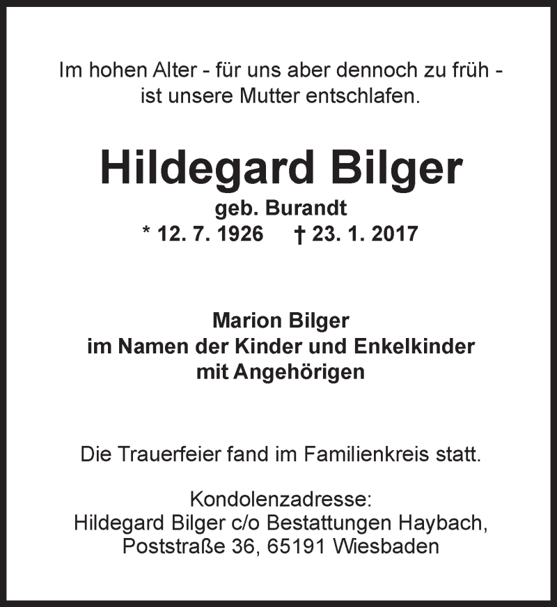  Traueranzeige für Hildegard Bilger vom 25.02.2017 aus Trauerportal Rhein Main Presse
