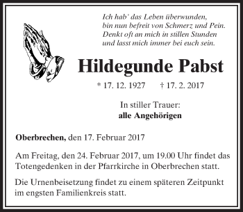 Traueranzeige von Hildegunde Pabst von  Camberger Anzeiger