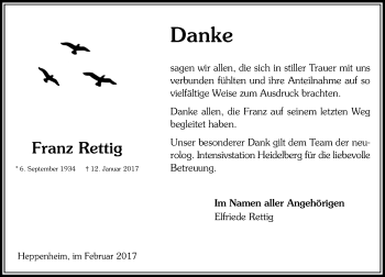 Traueranzeige von Franz Rettig von Trauerportal Echo Online