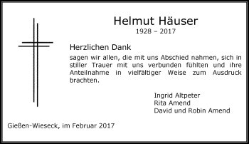 Traueranzeige von Helmut Häuser von  Gießener Anzeiger