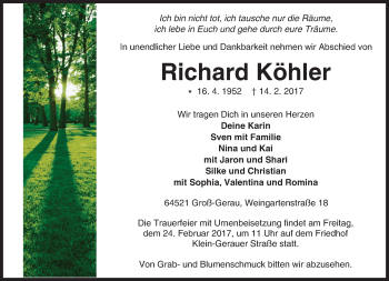 Traueranzeige von Richard Köhler von Trauerportal Echo Online