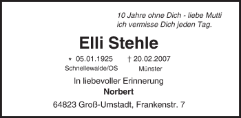 Traueranzeige von Elli Stehle von Trauerportal Echo Online