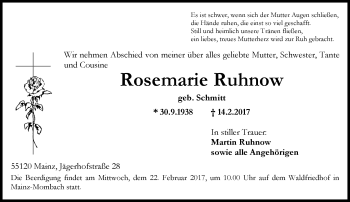 Traueranzeige von Rosemarie Ruhnow von Trauerportal Rhein Main Presse